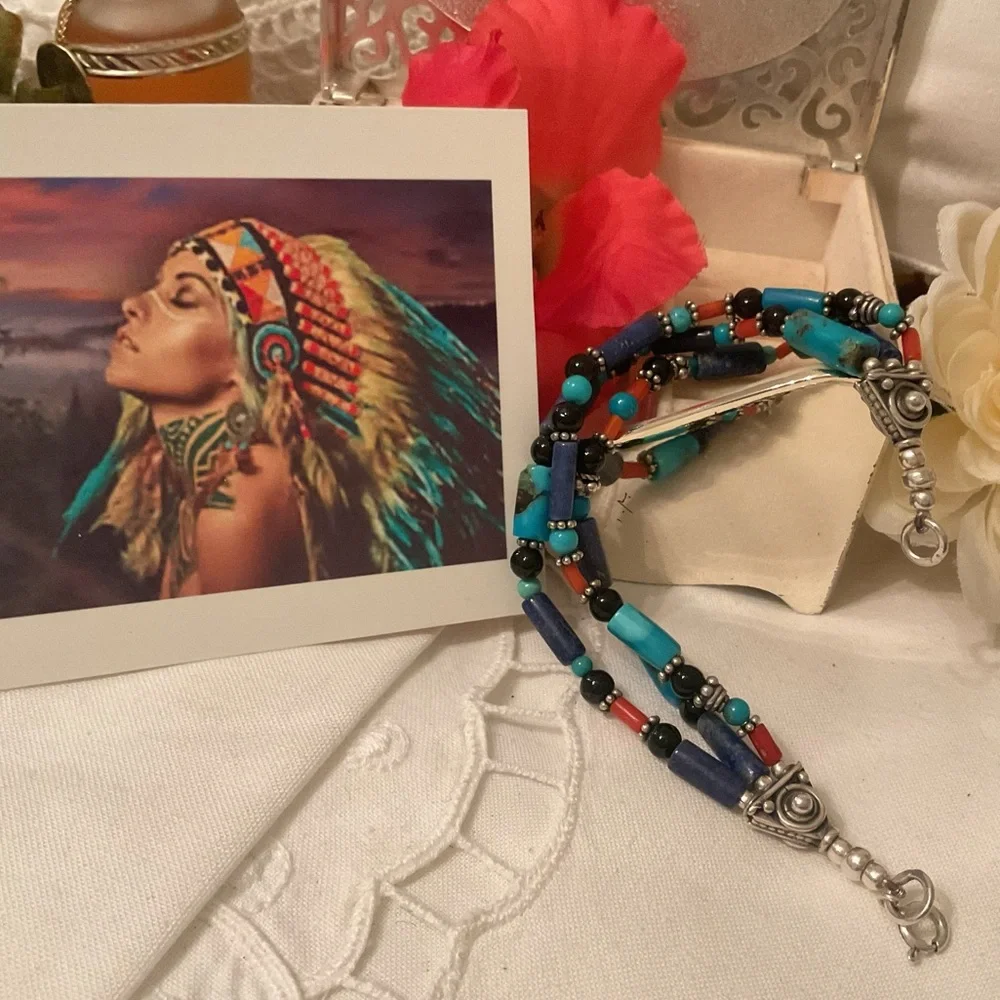VINTAGE 925 STERLING NATIVE AMERICAN HANDMADE MULTI STONE BRACELET 7” - Picture 1 of 9
